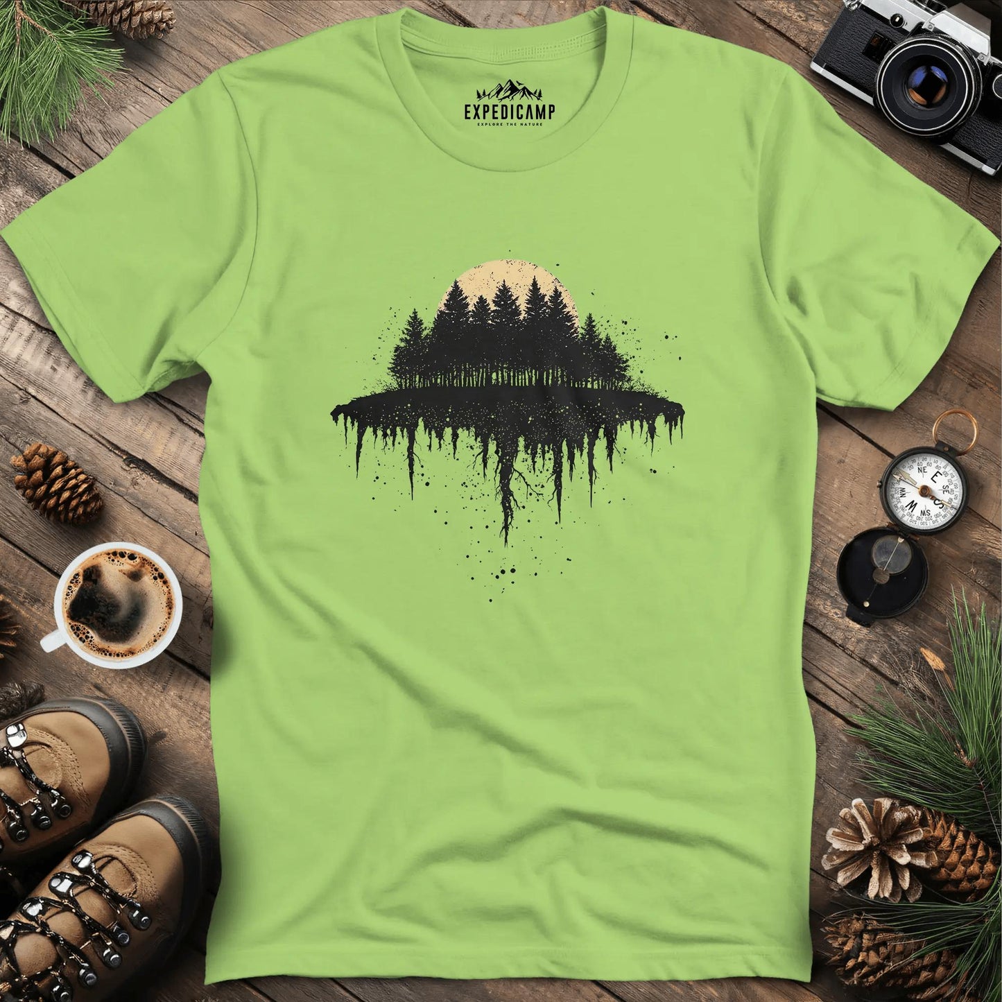 Moonlit Forest T-Shirt with Dripping Design – Kiwi – Outdoor apparel for travel, hiking, camping, and nature lovers – ExpediCamp