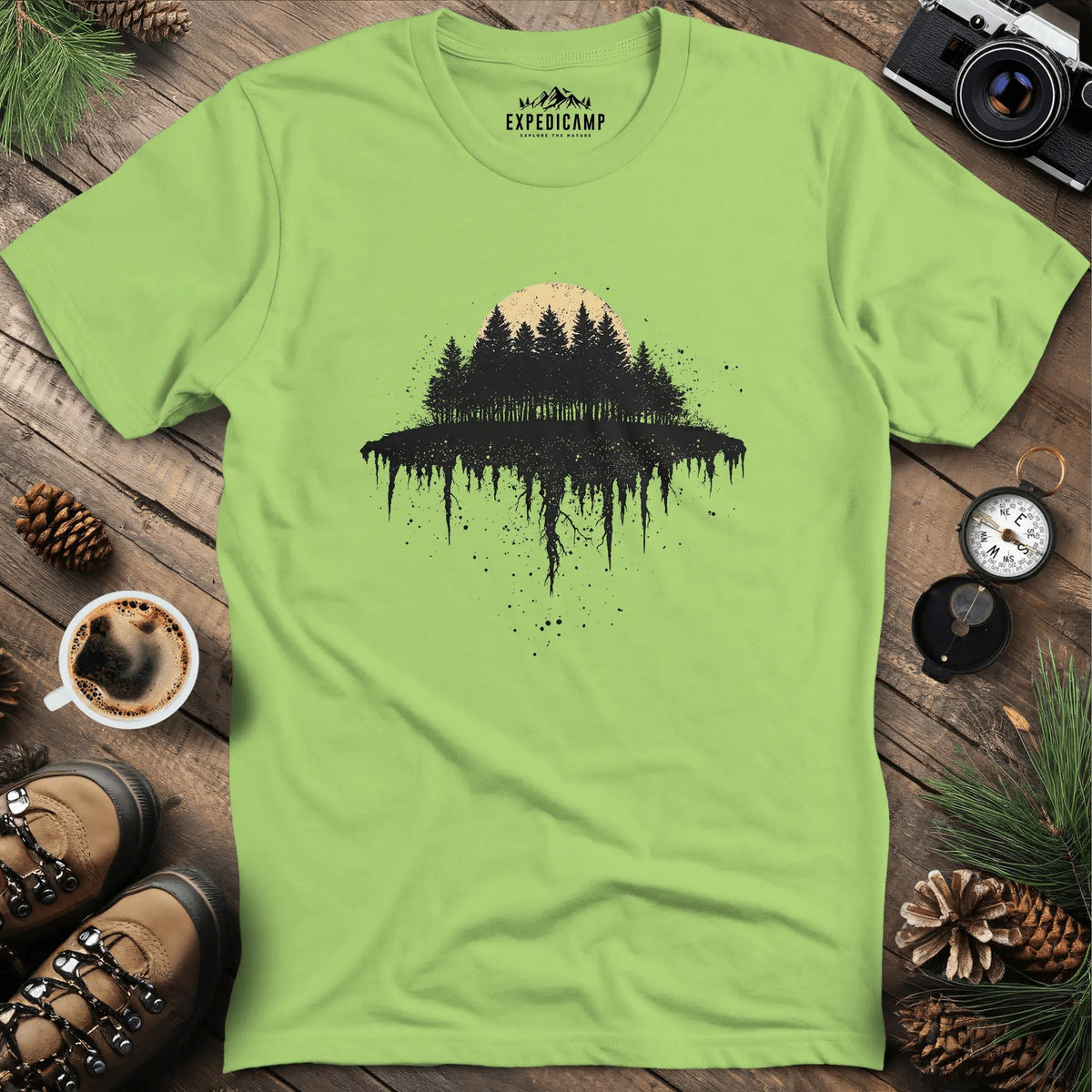Moonlit Forest T-Shirt with Dripping Design – Kiwi – Outdoor apparel for travel, hiking, camping, and nature lovers – ExpediCamp