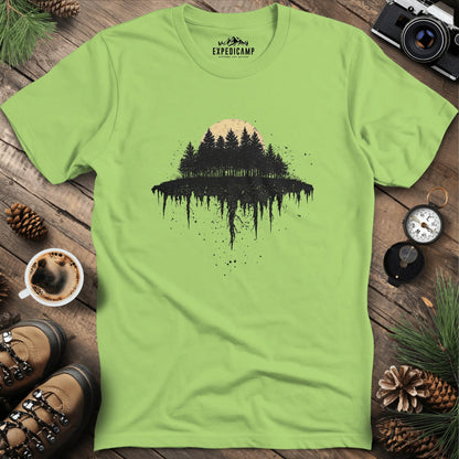 Moonlit Forest T-Shirt with Dripping Design – Kiwi – Outdoor apparel for travel, hiking, camping, and nature lovers – ExpediCamp