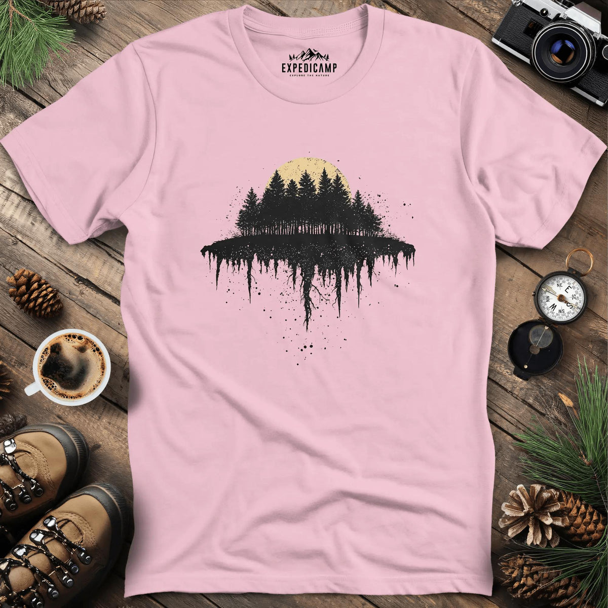 Moonlit Forest T-Shirt with Dripping Design – Light Pink – Outdoor apparel for travel, hiking, camping, and nature lovers – ExpediCamp