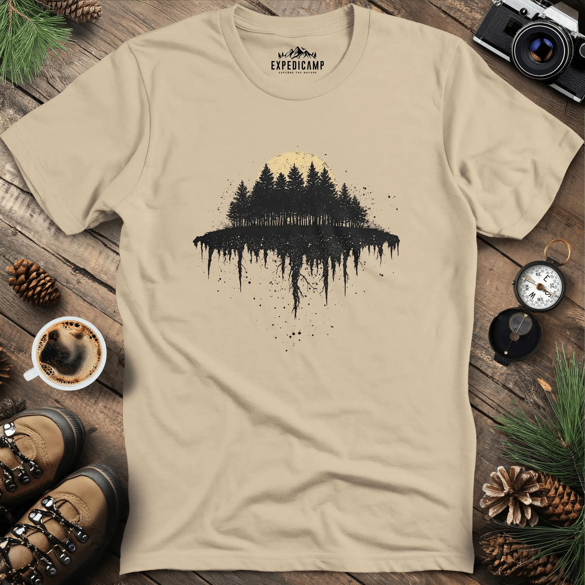Moonlit Forest T-Shirt with Dripping Design – Sand – Outdoor apparel for travel, hiking, camping, and nature lovers – ExpediCamp