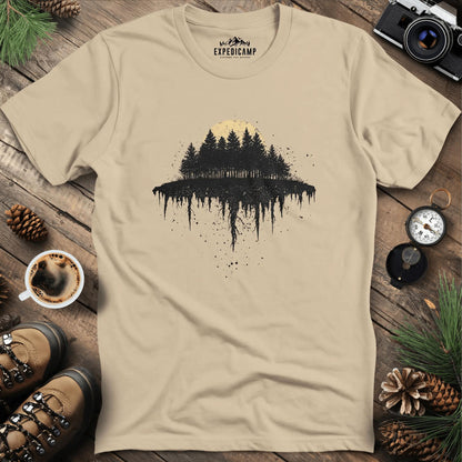 Moonlit Forest T-Shirt with Dripping Design – Sand – Outdoor apparel for travel, hiking, camping, and nature lovers – ExpediCamp