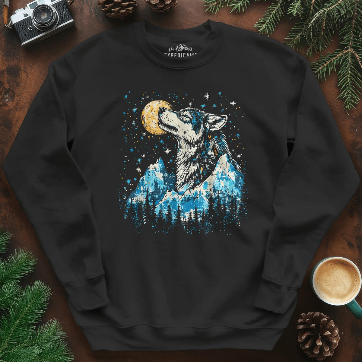 Moonlit Mountain Wolf Sweatshirt – Black – Outdoor apparel for travel, hiking, camping, and nature lovers – ExpediCamp