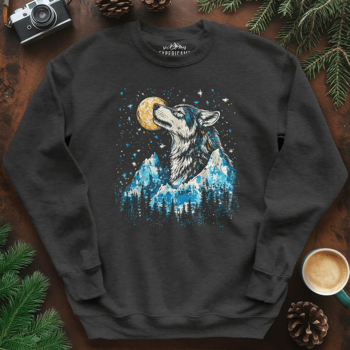 Moonlit Mountain Wolf Sweatshirt – Dark Heather – Outdoor apparel for travel, hiking, camping, and nature lovers – ExpediCamp