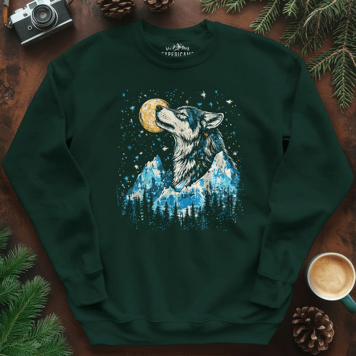 Moonlit Mountain Wolf Sweatshirt – Forest Green – Outdoor apparel for travel, hiking, camping, and nature lovers – ExpediCamp