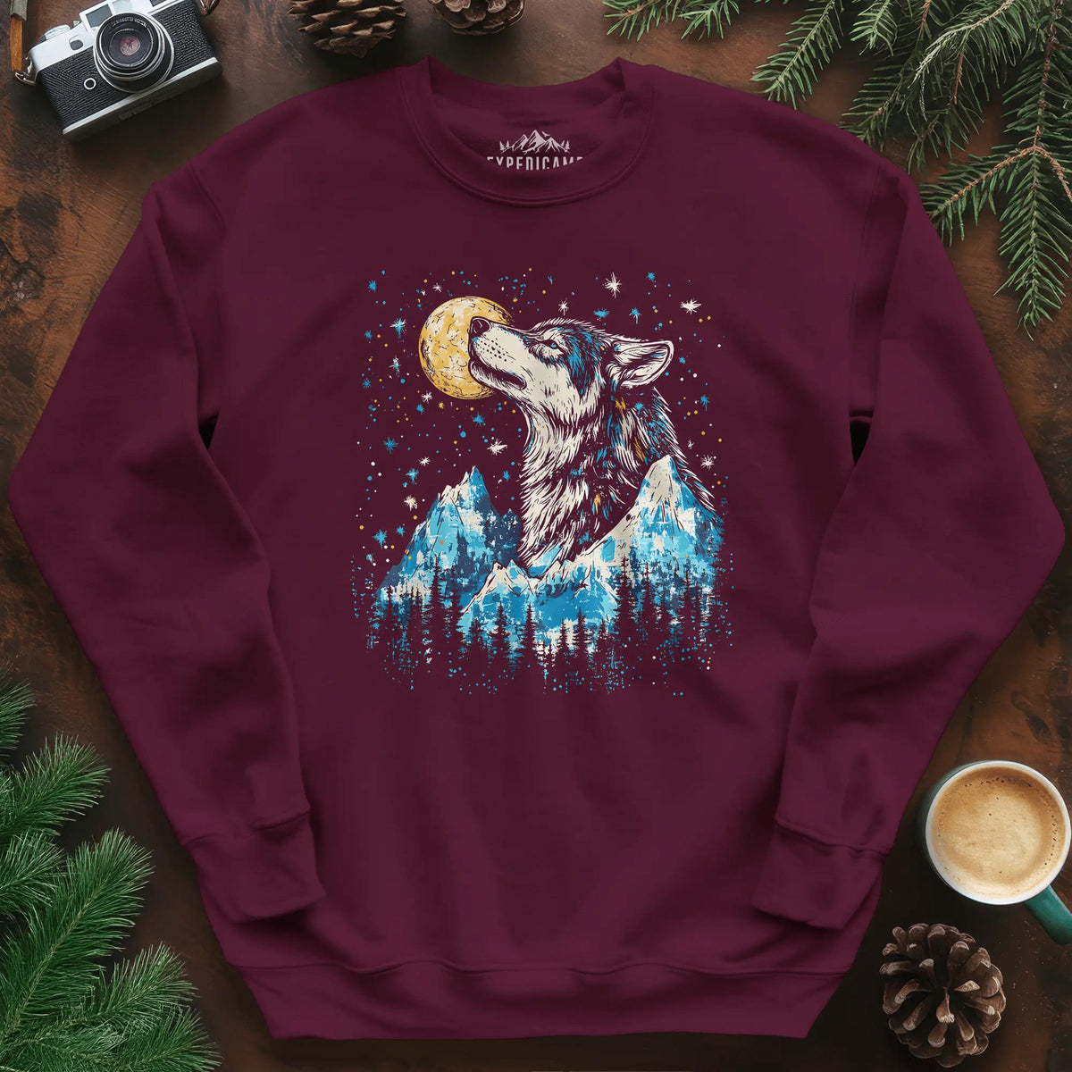 Moonlit Mountain Wolf Sweatshirt – Maroon – Outdoor apparel for travel, hiking, camping, and nature lovers – ExpediCamp