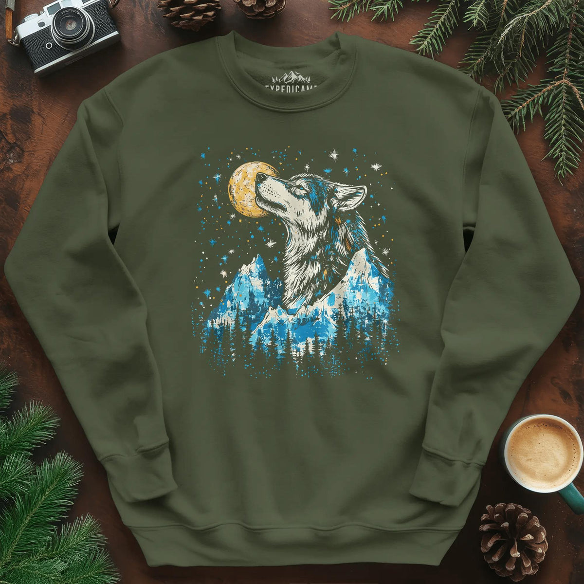 Moonlit Mountain Wolf Sweatshirt – Military Green – Outdoor apparel for travel, hiking, camping, and nature lovers – ExpediCamp