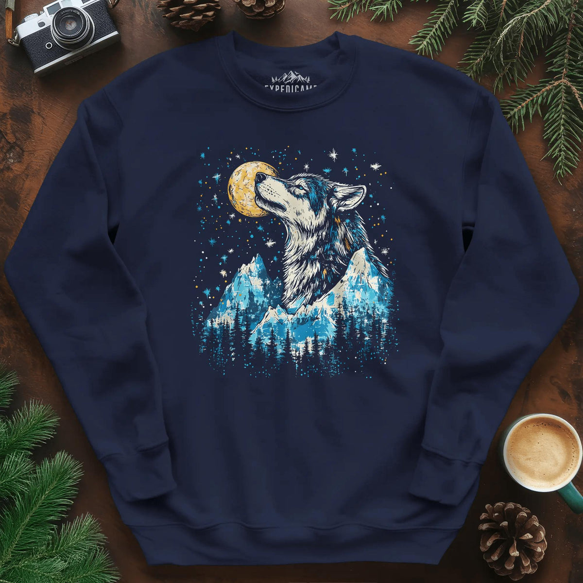 Moonlit Mountain Wolf Sweatshirt – Navy – Outdoor apparel for travel, hiking, camping, and nature lovers – ExpediCamp