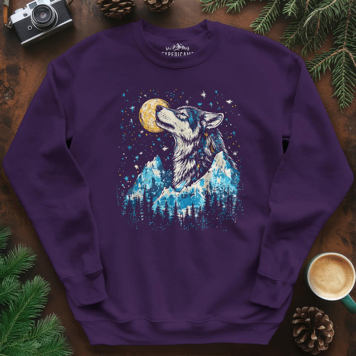 Moonlit Mountain Wolf Sweatshirt – Purple – Outdoor apparel for travel, hiking, camping, and nature lovers – ExpediCamp