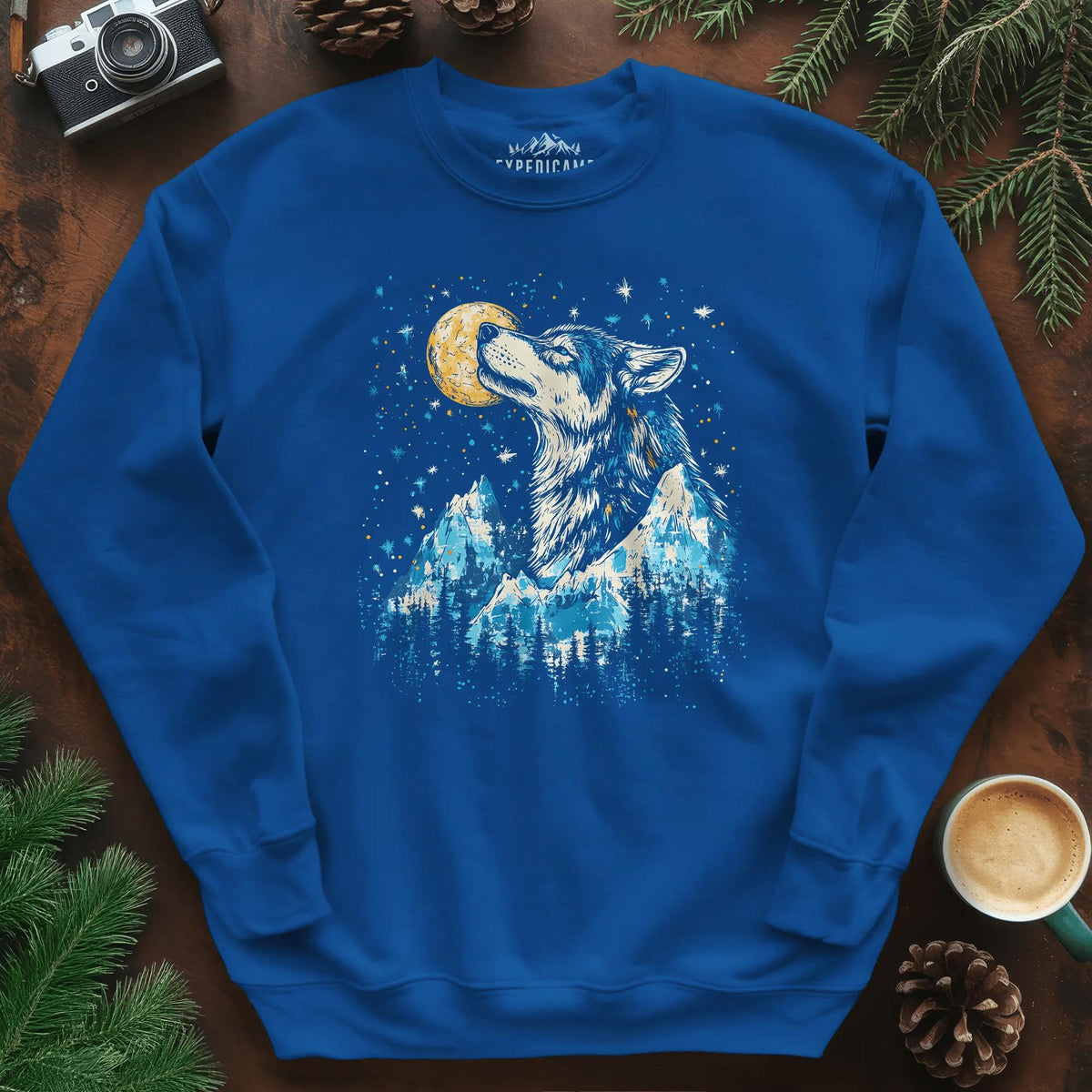 Moonlit Mountain Wolf Sweatshirt – Royal – Outdoor apparel for travel, hiking, camping, and nature lovers – ExpediCamp
