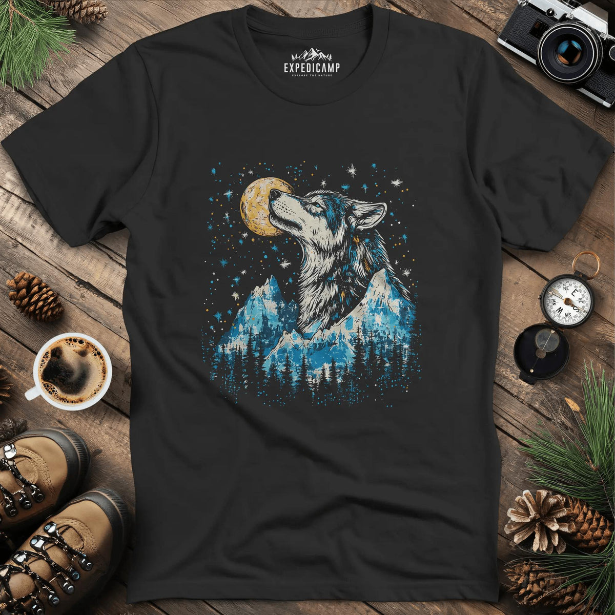 Moonlit Mountain Wolf T-Shirt – Black – Outdoor apparel for travel, hiking, camping, and nature lovers – ExpediCamp