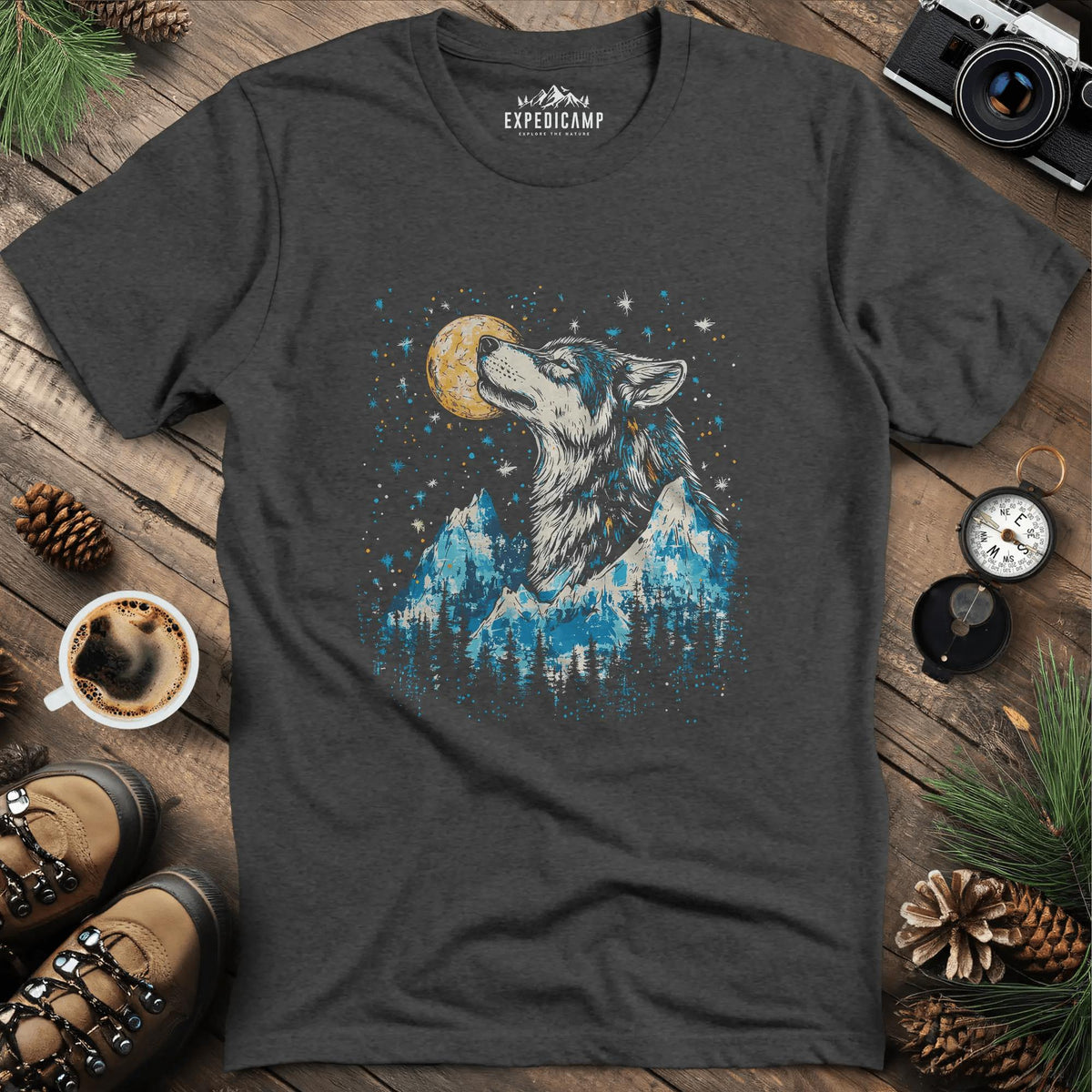 Moonlit Mountain Wolf T-Shirt – Dark Heather – Outdoor apparel for travel, hiking, camping, and nature lovers – ExpediCamp