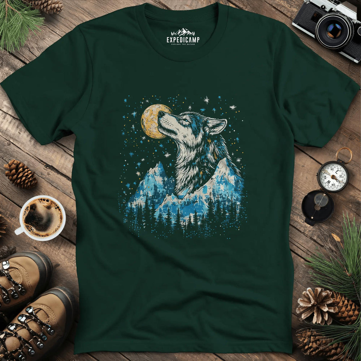 Moonlit Mountain Wolf T-Shirt – Forest Green – Outdoor apparel for travel, hiking, camping, and nature lovers – ExpediCamp