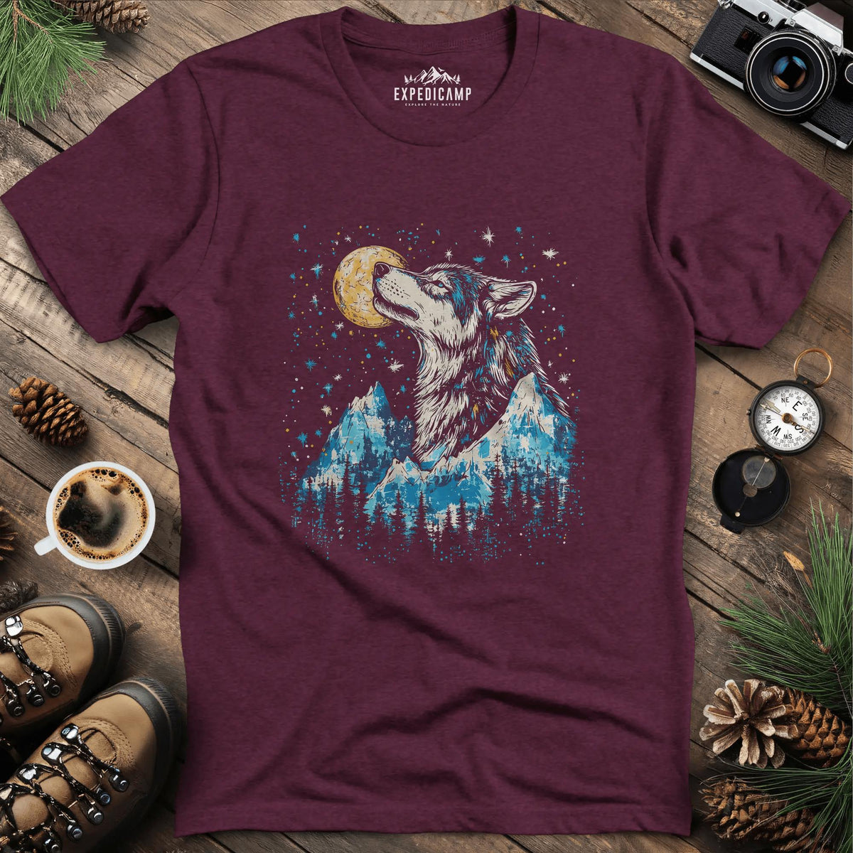 Moonlit Mountain Wolf T-Shirt – Heather Maroon – Outdoor apparel for travel, hiking, camping, and nature lovers – ExpediCamp