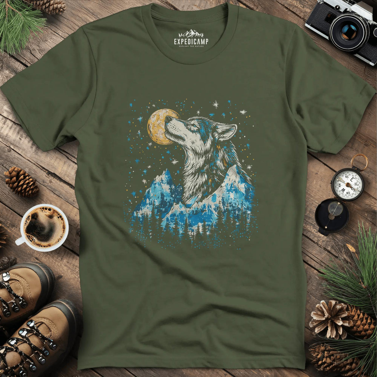 Moonlit Mountain Wolf T-Shirt – Military Green – Outdoor apparel for travel, hiking, camping, and nature lovers – ExpediCamp