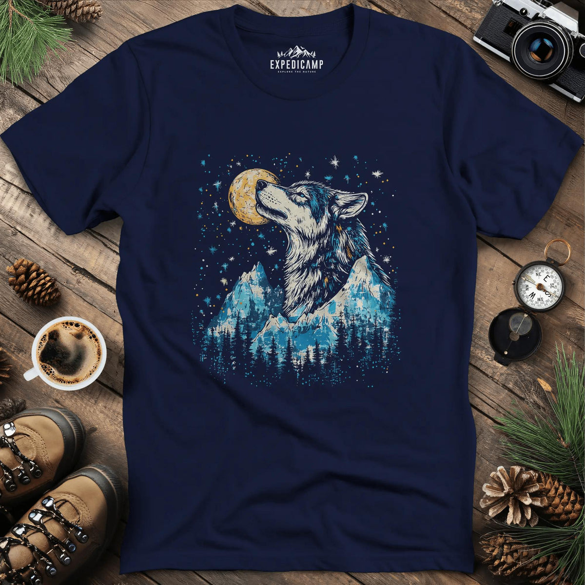 Moonlit Mountain Wolf T-Shirt – Navy – Outdoor apparel for travel, hiking, camping, and nature lovers – ExpediCamp