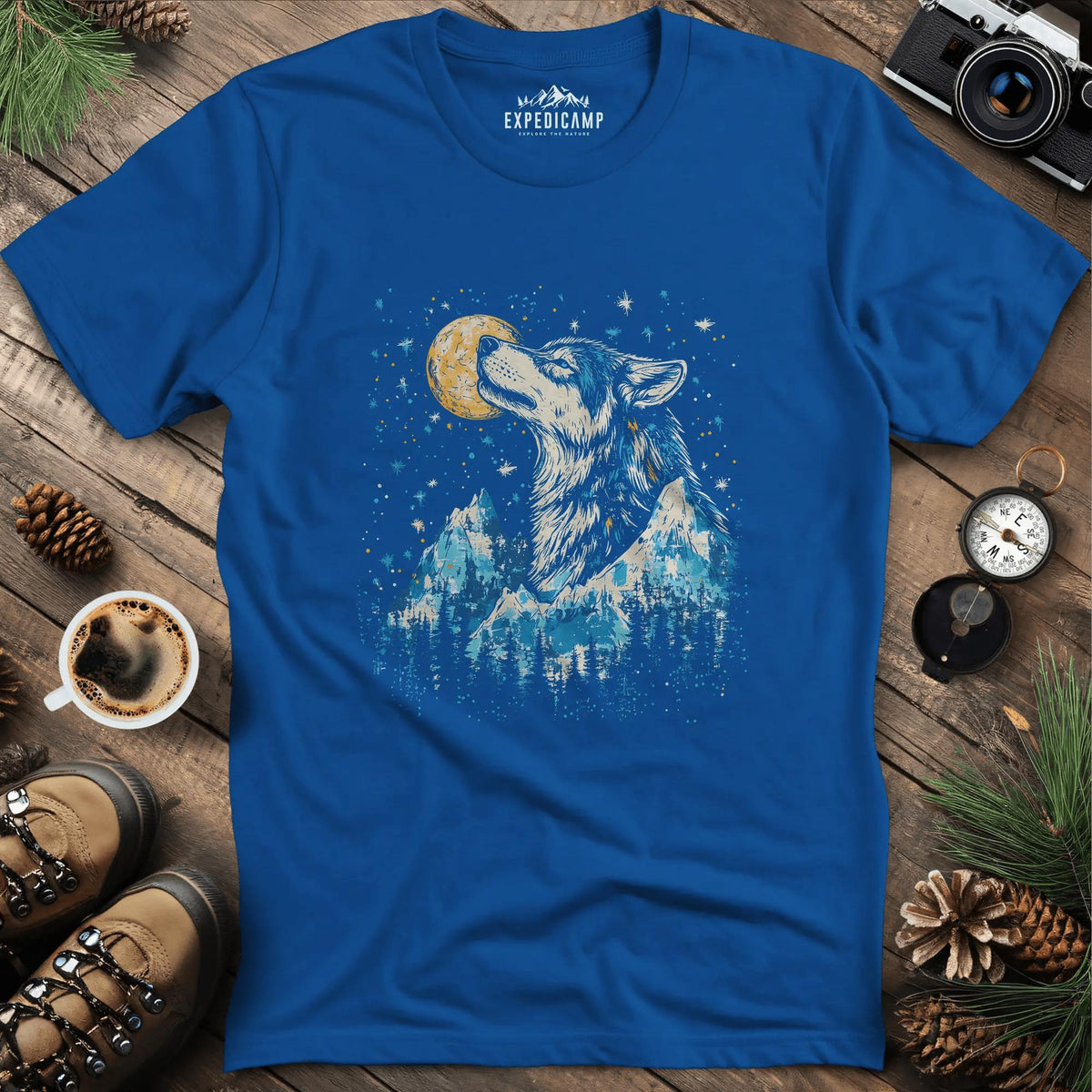Moonlit Mountain Wolf T-Shirt – Royal – Outdoor apparel for travel, hiking, camping, and nature lovers – ExpediCamp
