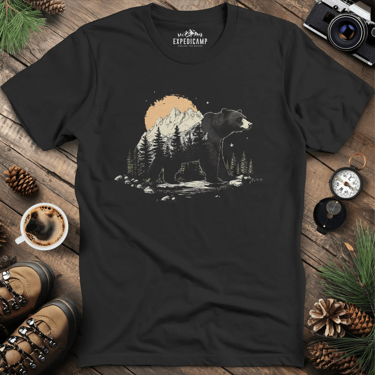 Mountain Bear T-Shirt – Nature’s Majesty – Black – Outdoor apparel for travel, hiking, camping, and nature lovers – ExpediCamp