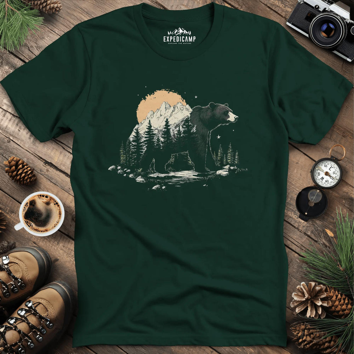 Mountain Bear T-Shirt – Nature’s Majesty – Forest Green – Outdoor apparel for travel, hiking, camping, and nature lovers – ExpediCamp