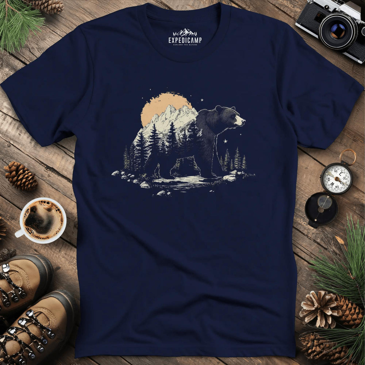 Mountain Bear T-Shirt – Nature’s Majesty – Navy – Outdoor apparel for travel, hiking, camping, and nature lovers – ExpediCamp