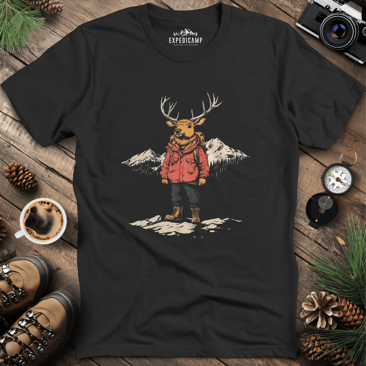Mountain Deer T-Shirt – Adventurous Deer in the Wilderness Design – Black – Outdoor apparel for travel, hiking, camping, and nature lovers – ExpediCamp