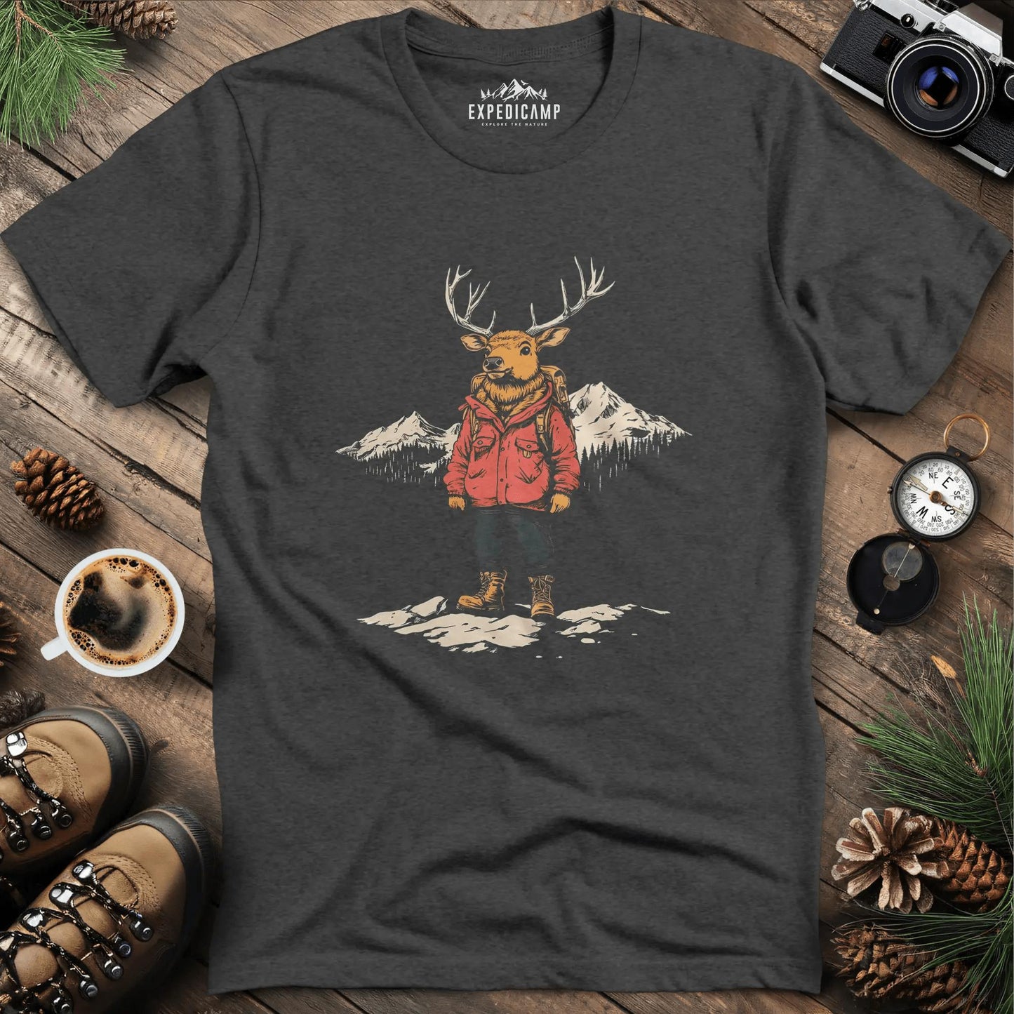 Mountain Deer T-Shirt – Adventurous Deer in the Wilderness Design – Dark Heather – Outdoor apparel for travel, hiking, camping, and nature lovers – ExpediCamp