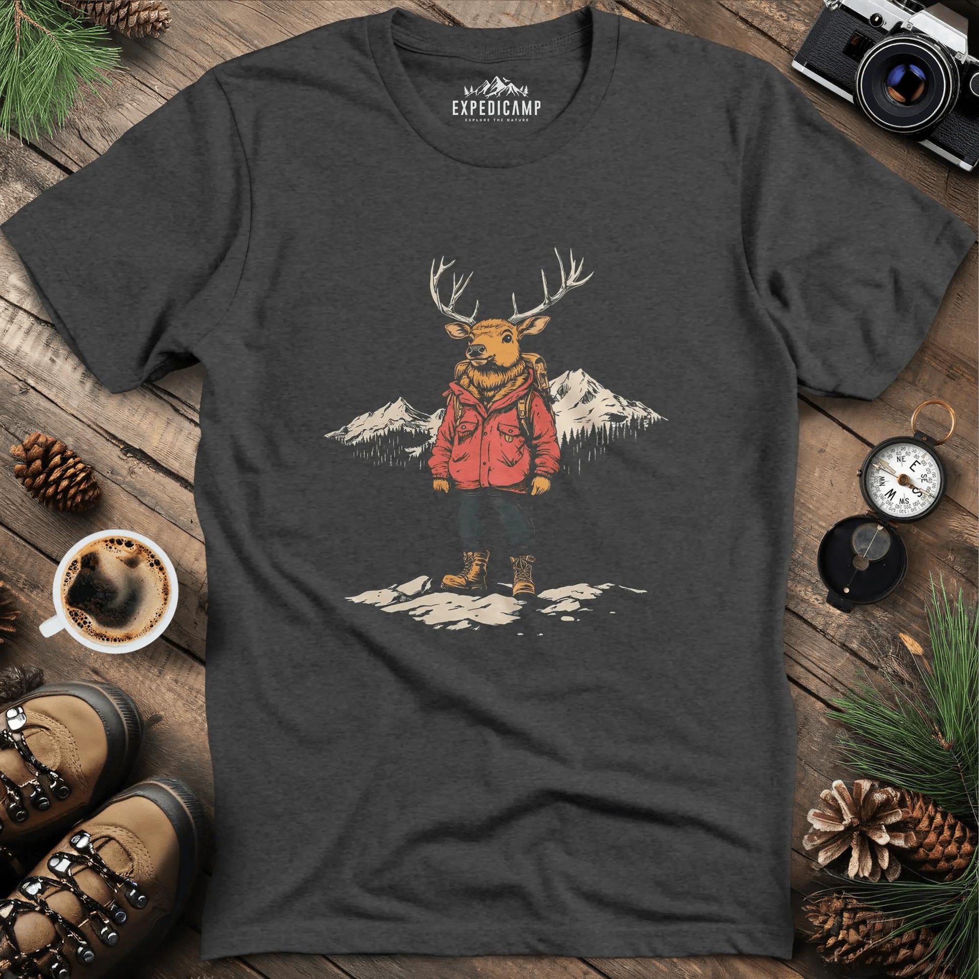 Mountain Deer T-Shirt – Adventurous Deer in the Wilderness Design – Dark Heather – Outdoor apparel for travel, hiking, camping, and nature lovers – ExpediCamp