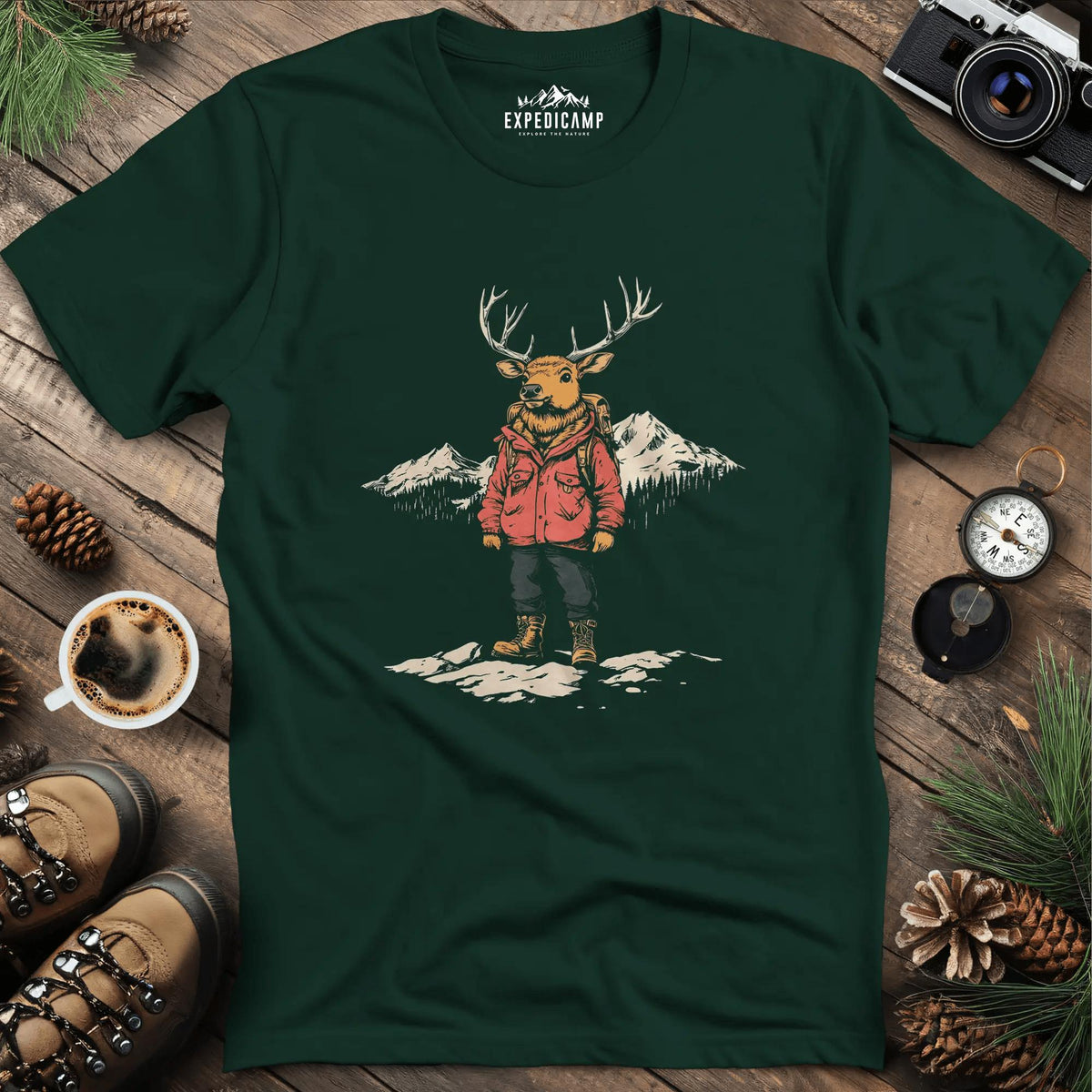 Mountain Deer T-Shirt – Adventurous Deer in the Wilderness Design – Forest Green – Outdoor apparel for travel, hiking, camping, and nature lovers – ExpediCamp