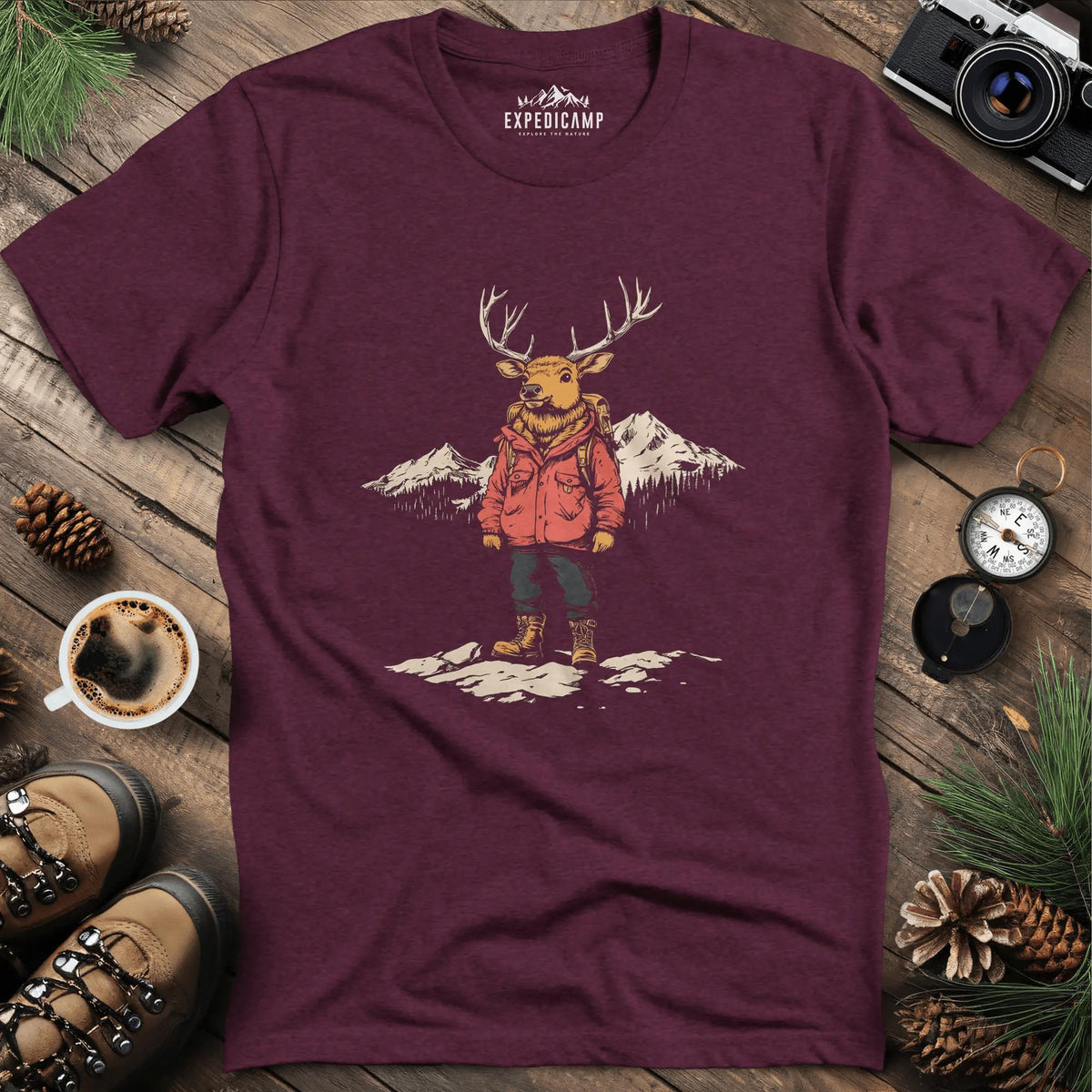 Mountain Deer T-Shirt – Adventurous Deer in the Wilderness Design – Heather Maroon – Outdoor apparel for travel, hiking, camping, and nature lovers – ExpediCamp