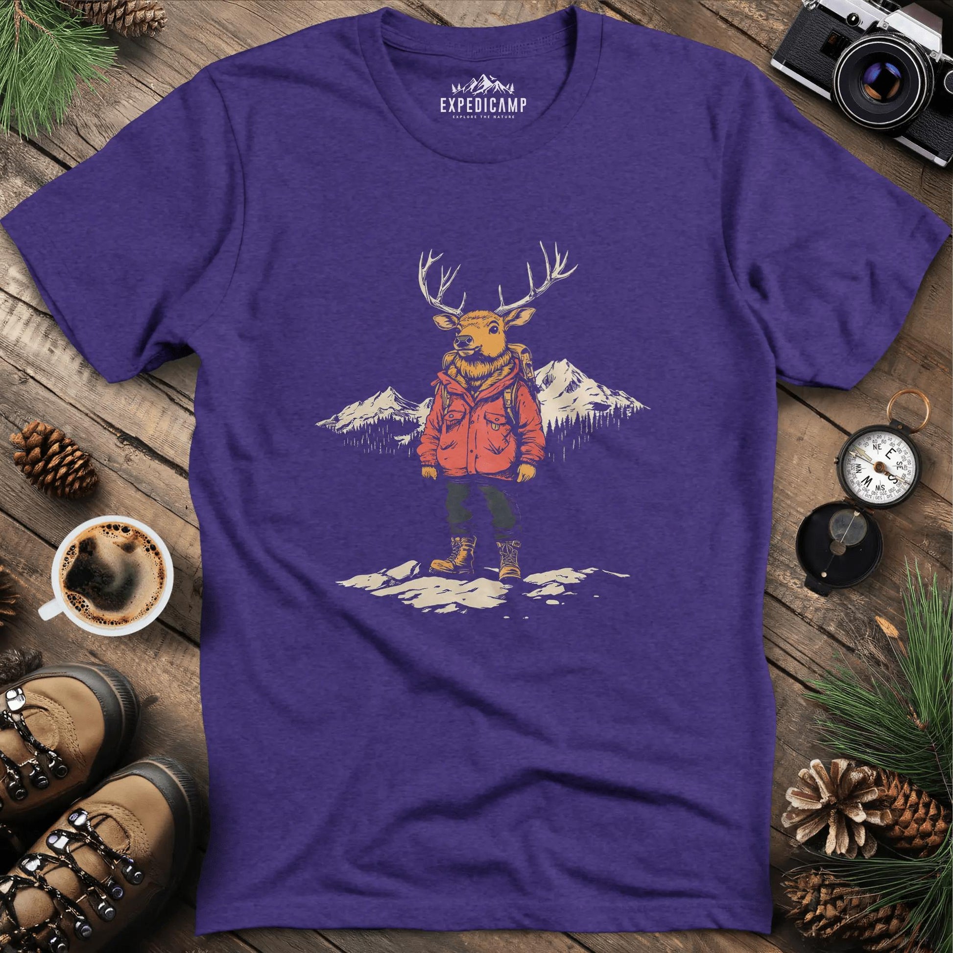 Mountain Deer T-Shirt – Adventurous Deer in the Wilderness Design – Heather Purple – Outdoor apparel for travel, hiking, camping, and nature lovers – ExpediCamp