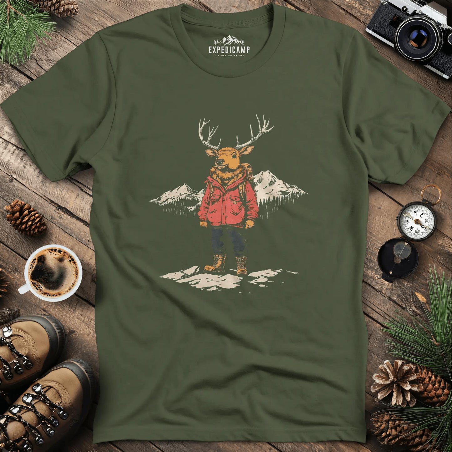 Mountain Deer T-Shirt – Adventurous Deer in the Wilderness Design – Military Green – Outdoor apparel for travel, hiking, camping, and nature lovers – ExpediCamp