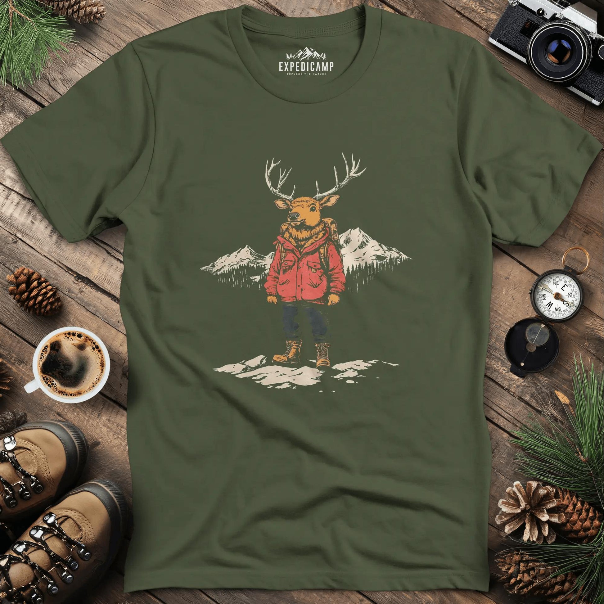 Mountain Deer T-Shirt – Adventurous Deer in the Wilderness Design – Military Green – Outdoor apparel for travel, hiking, camping, and nature lovers – ExpediCamp