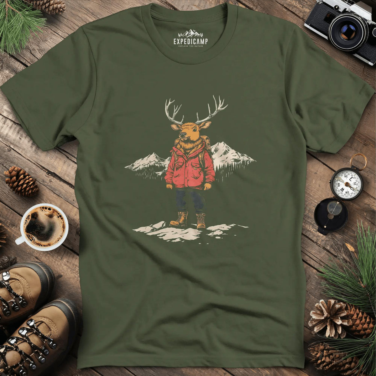Mountain Deer T-Shirt – Adventurous Deer in the Wilderness Design – Military Green – Outdoor apparel for travel, hiking, camping, and nature lovers – ExpediCamp