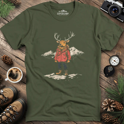 Mountain Deer T-Shirt – Adventurous Deer in the Wilderness Design – Military Green – Outdoor apparel for travel, hiking, camping, and nature lovers – ExpediCamp