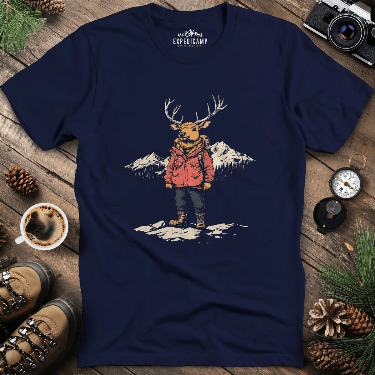 Mountain Deer T-Shirt – Adventurous Deer in the Wilderness Design – Navy – Outdoor apparel for travel, hiking, camping, and nature lovers – ExpediCamp