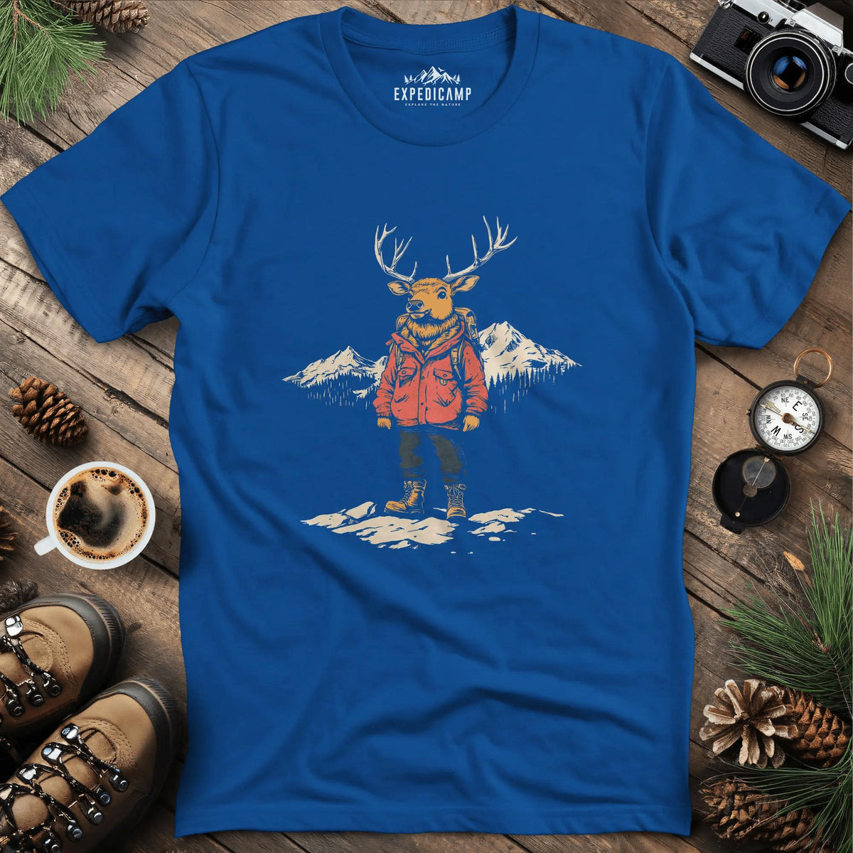 Mountain Deer T-Shirt – Adventurous Deer in the Wilderness Design – Royal – Outdoor apparel for travel, hiking, camping, and nature lovers – ExpediCamp