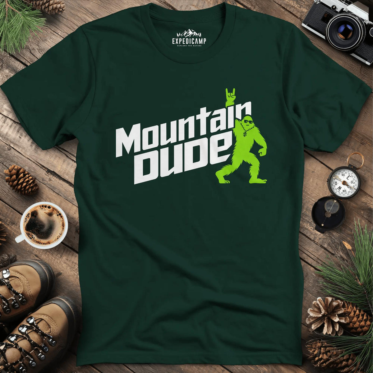 Mountain Dude Bigfoot T-Shirt – Forest Green – Outdoor apparel for travel, hiking, camping, and nature lovers – ExpediCamp