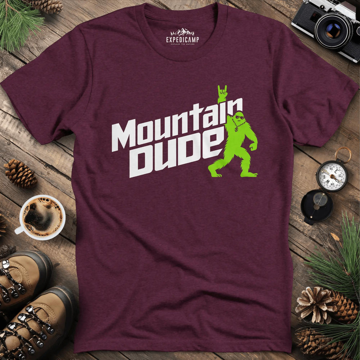 Mountain Dude Bigfoot T-Shirt – Heather Maroon – Outdoor apparel for travel, hiking, camping, and nature lovers – ExpediCamp