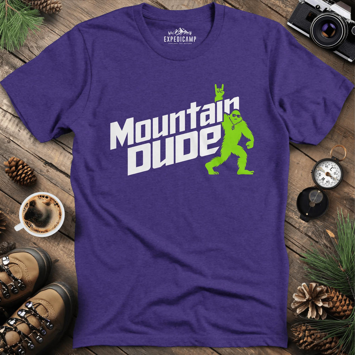 Mountain Dude Bigfoot T-Shirt – Heather Purple – Outdoor apparel for travel, hiking, camping, and nature lovers – ExpediCamp