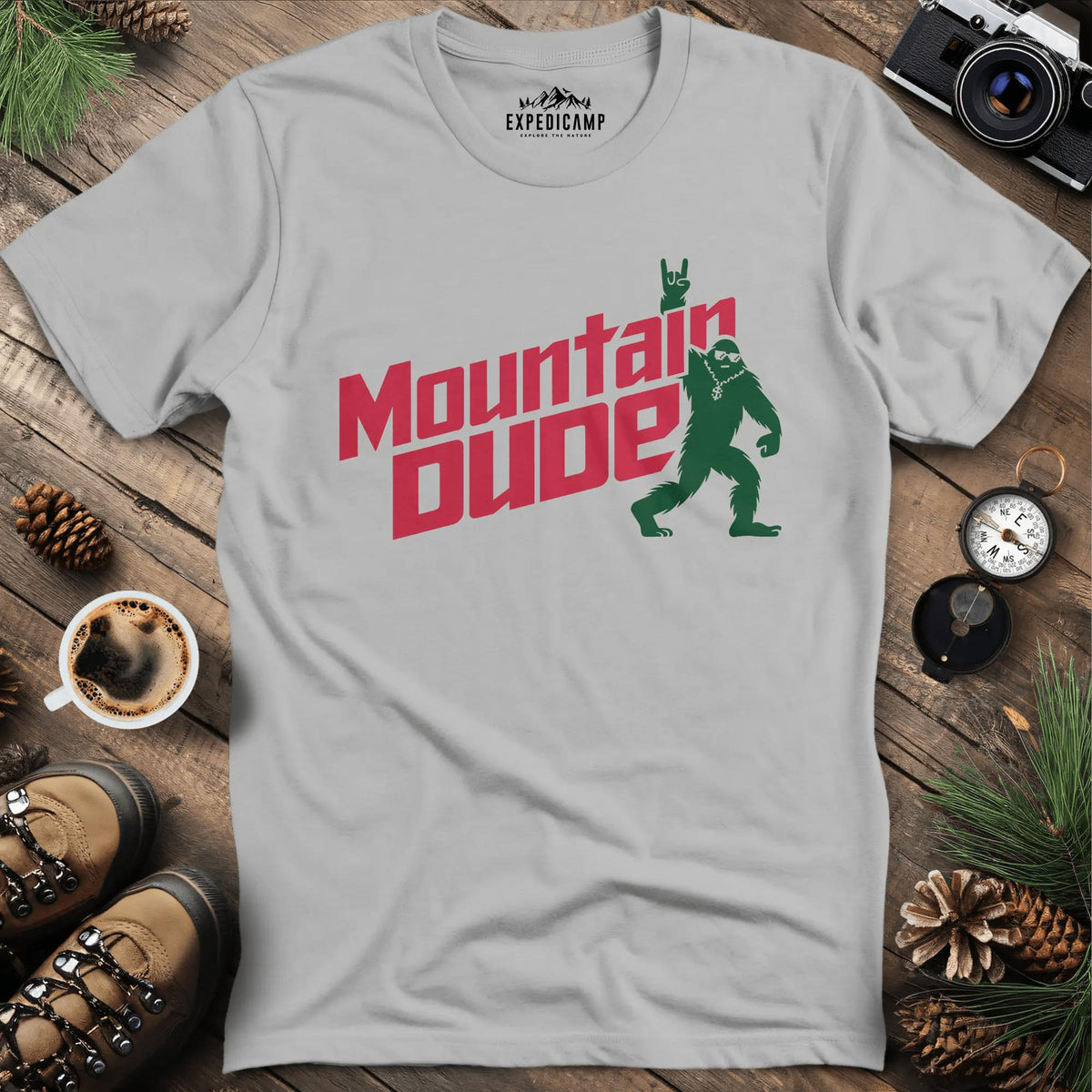 Mountain Dude Bigfoot T-Shirt – Ice Grey – Outdoor apparel for travel, hiking, camping, and nature lovers – ExpediCamp