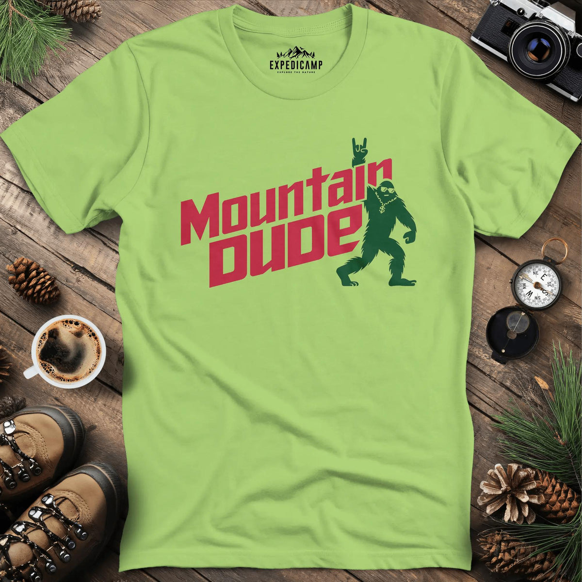 Mountain Dude Bigfoot T-Shirt – Kiwi – Outdoor apparel for travel, hiking, camping, and nature lovers – ExpediCamp