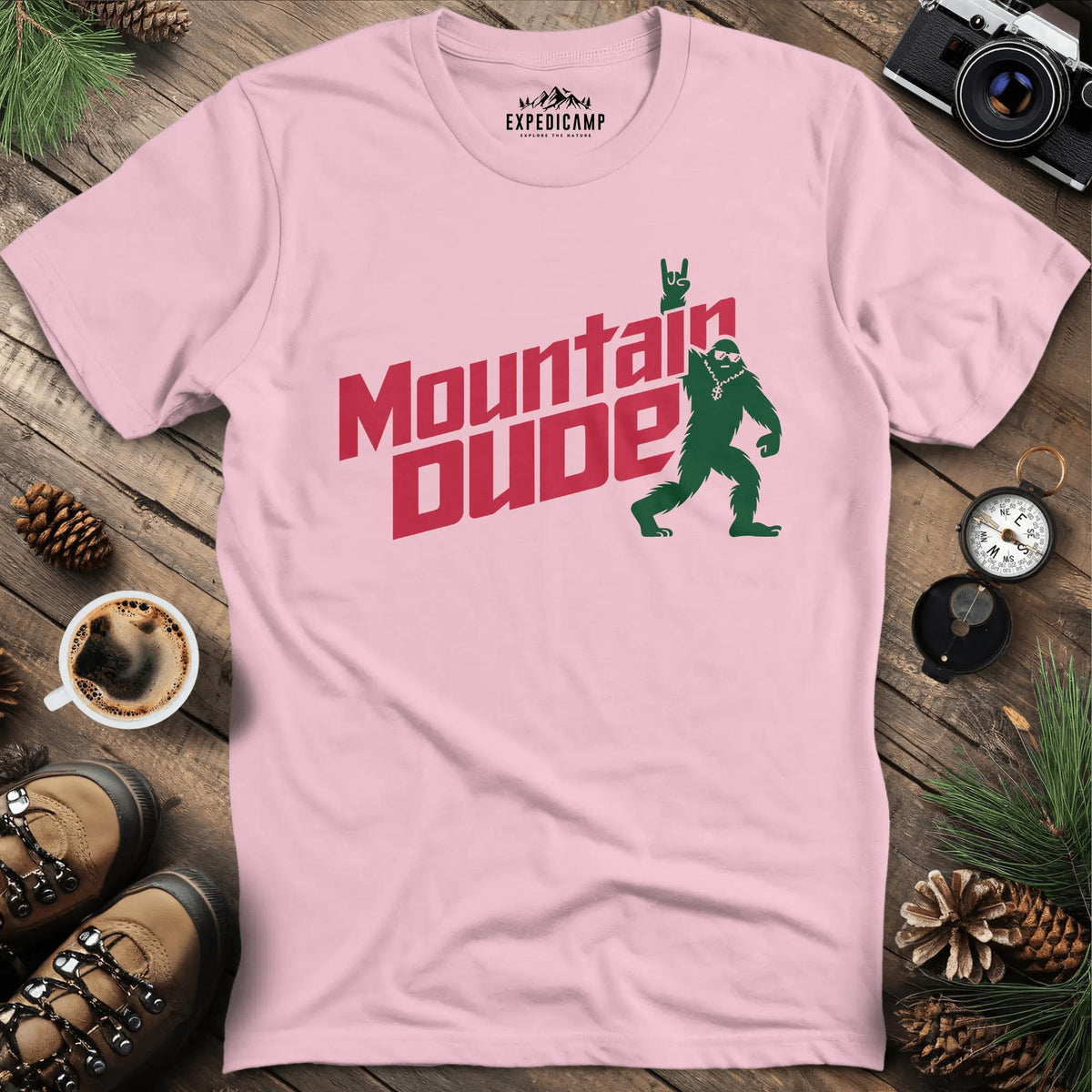 Mountain Dude Bigfoot T-Shirt – Light Pink – Outdoor apparel for travel, hiking, camping, and nature lovers – ExpediCamp