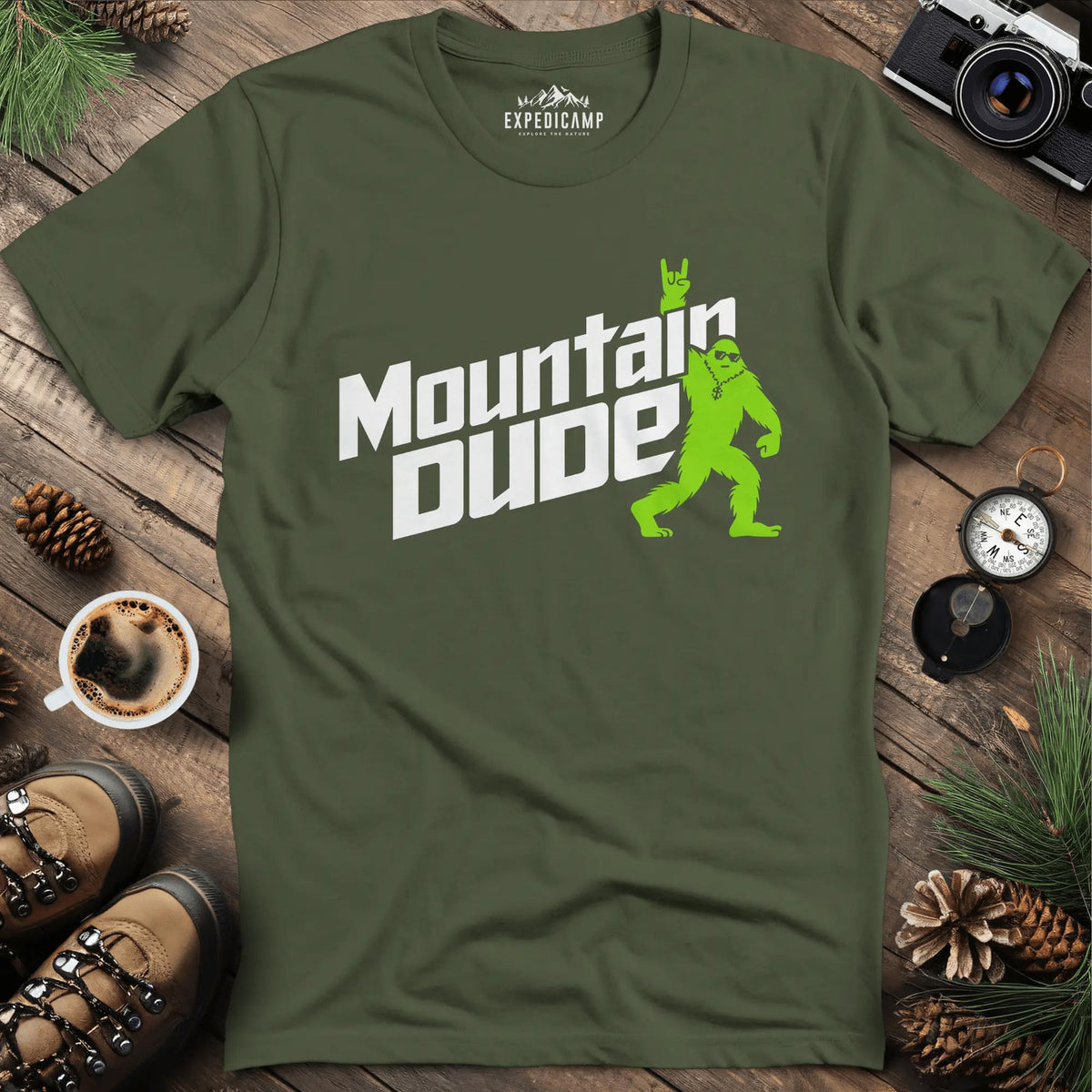 Mountain Dude Bigfoot T-Shirt – Military Green – Outdoor apparel for travel, hiking, camping, and nature lovers – ExpediCamp