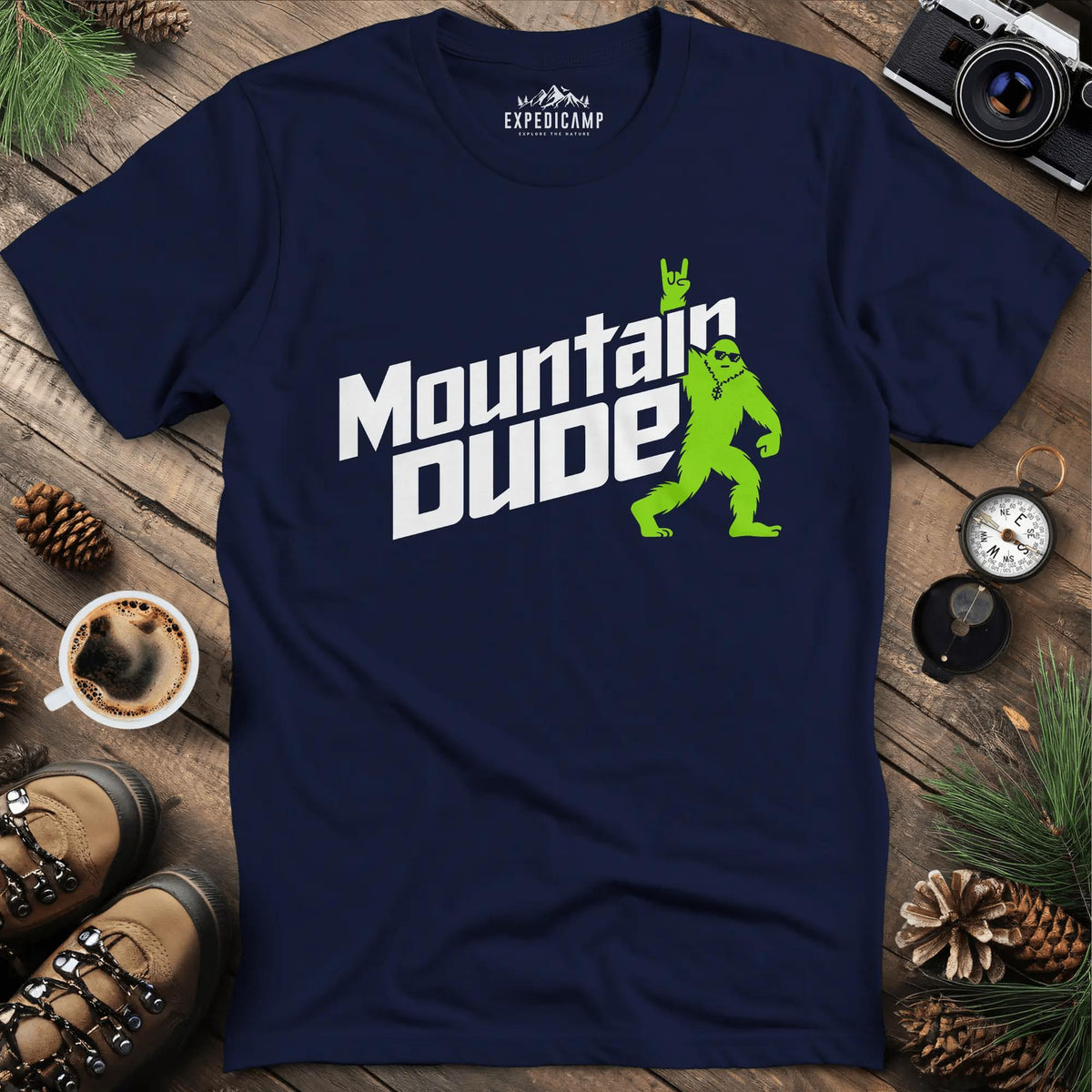 Mountain Dude Bigfoot T-Shirt – Navy – Outdoor apparel for travel, hiking, camping, and nature lovers – ExpediCamp
