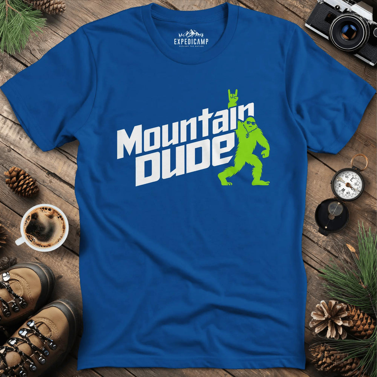 Mountain Dude Bigfoot T-Shirt – Royal – Outdoor apparel for travel, hiking, camping, and nature lovers – ExpediCamp