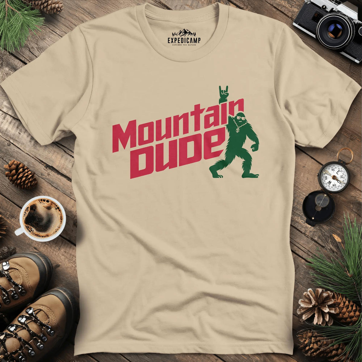 Mountain Dude Bigfoot T-Shirt – Sand – Outdoor apparel for travel, hiking, camping, and nature lovers – ExpediCamp