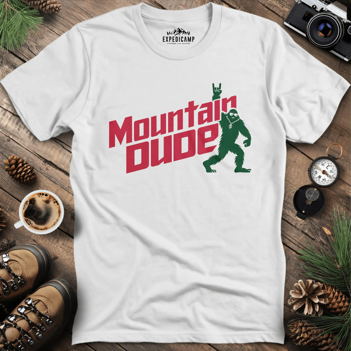 Mountain Dude Bigfoot T-Shirt – White – Outdoor apparel for travel, hiking, camping, and nature lovers – ExpediCamp