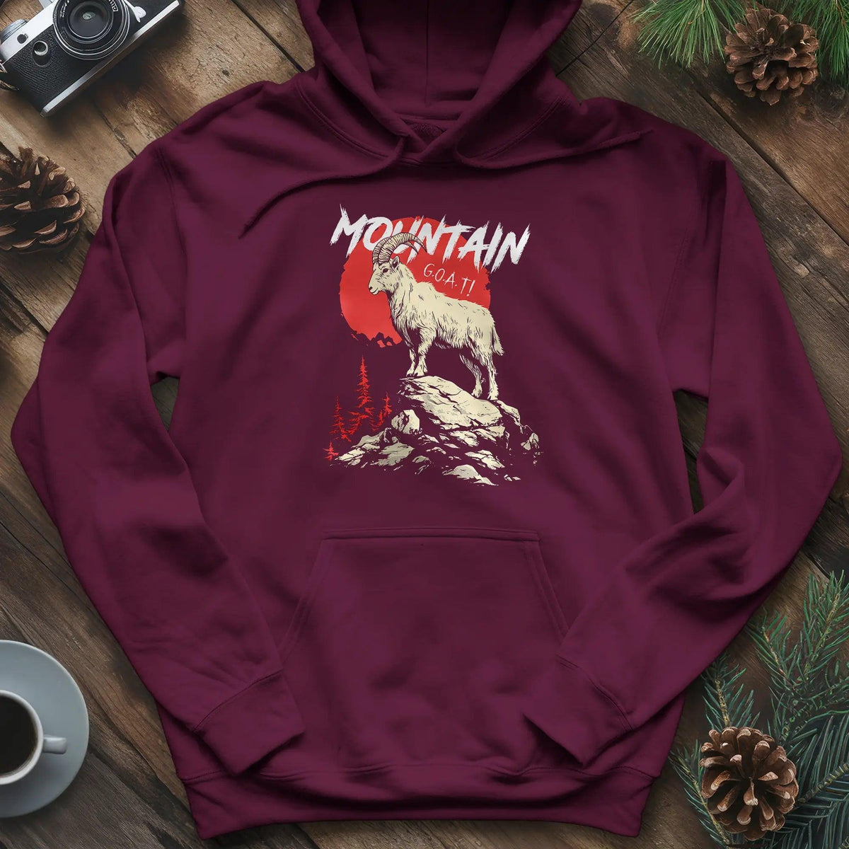 Mountain G.O.A.T. Hoodie – Maroon – Outdoor apparel for travel, hiking, camping, and nature lovers – ExpediCamp