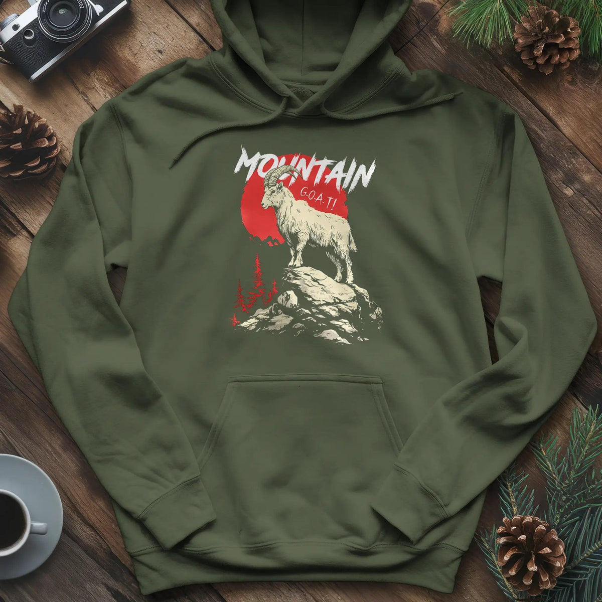Mountain G.O.A.T. Hoodie – Military Green – Outdoor apparel for travel, hiking, camping, and nature lovers – ExpediCamp