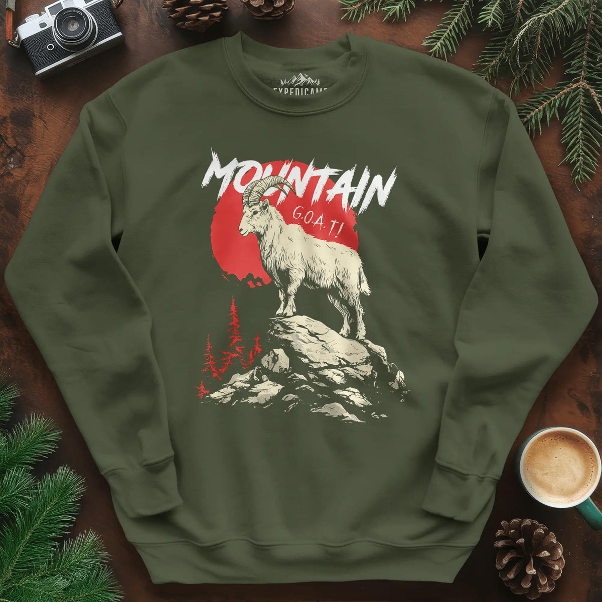 Mountain G.O.A.T. Sweatshirt – Military Green – Outdoor apparel for travel, hiking, camping, and nature lovers – ExpediCamp